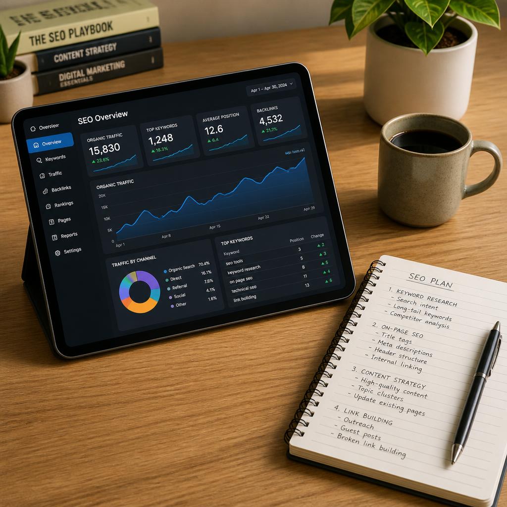 High-quality 3D isometric illustration for a PPC marketing agency about section: an open laptop displaying a large analytics dashboard with rising click-through-rate charts, a magnifying glass hovering over a keyword list, search ad cards and floating coin icons around it, dark blue and violet palette, soft glow, clean futuristic style, no people