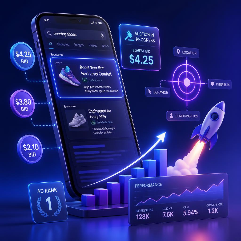 3D illustration of a digital ad auction concept: a modern smartphone displaying search ads, floating bid icons, targeting crosshairs, dynamic graphs and a rocket rising from the charts, blue and violet gradients, premium digital marketing aesthetic, glowing accents, no people